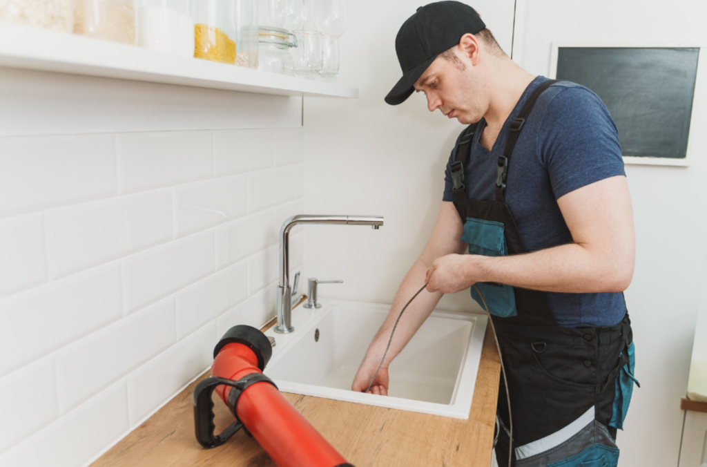 Professional plumber performing drain cleaning with a drain snake.